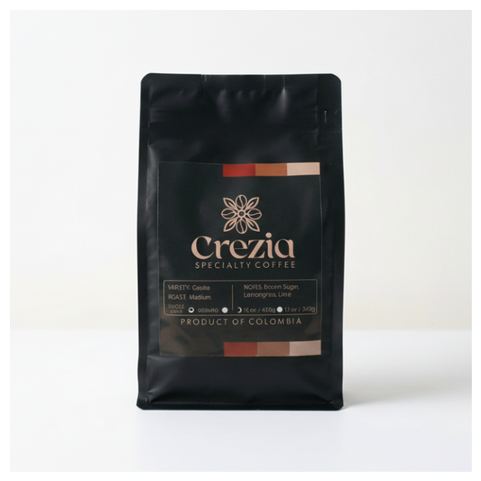 Black coffee bag with Crezia Specialty Coffee branding on a white background